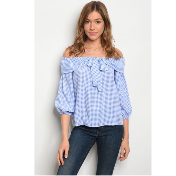 Love in Tops - Blue Checker Bow Off Shoulder Top